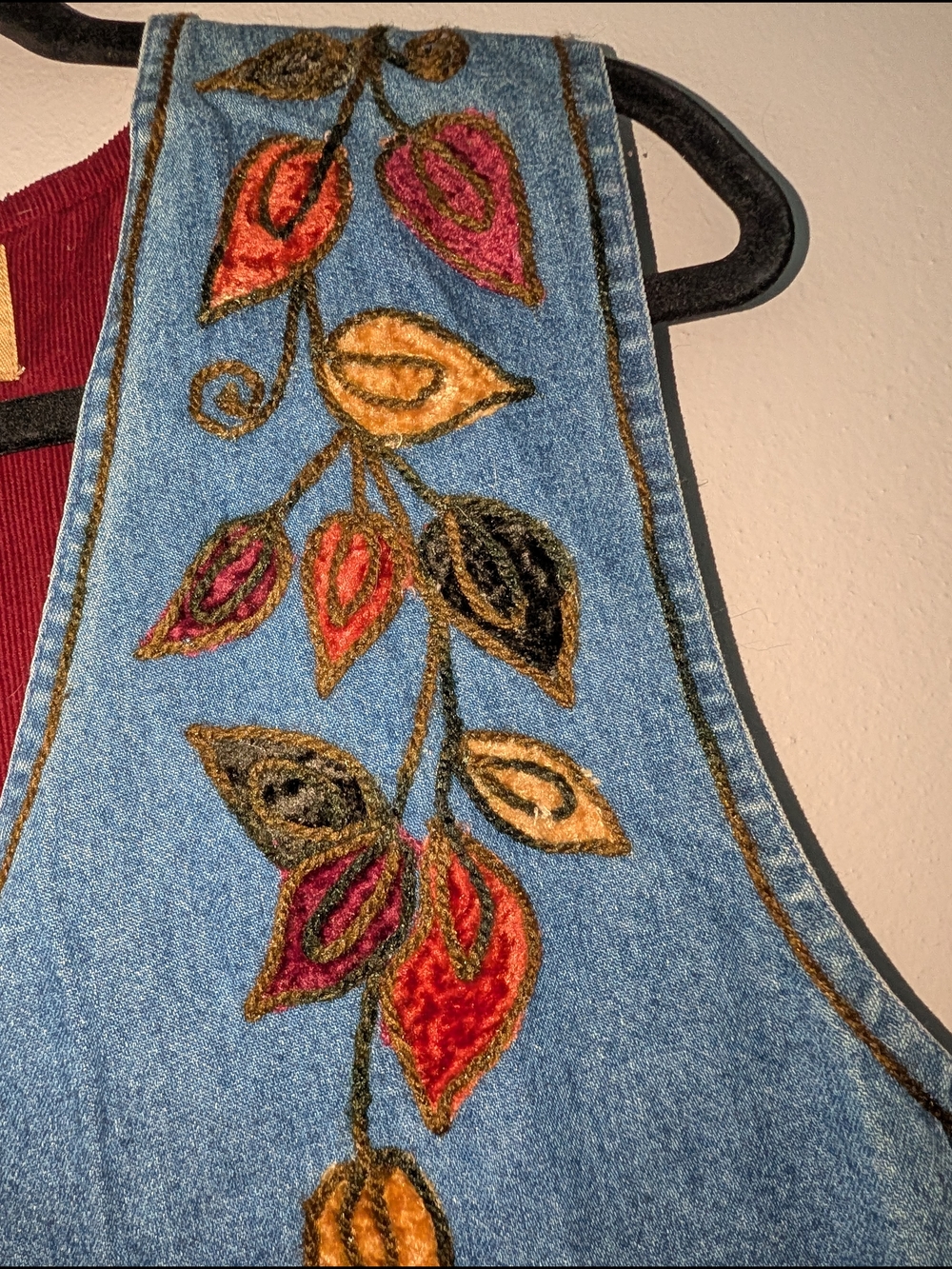 S Embroidered Denim Vest with Multicolor Leaf Appliqué - Picture 4 of 5